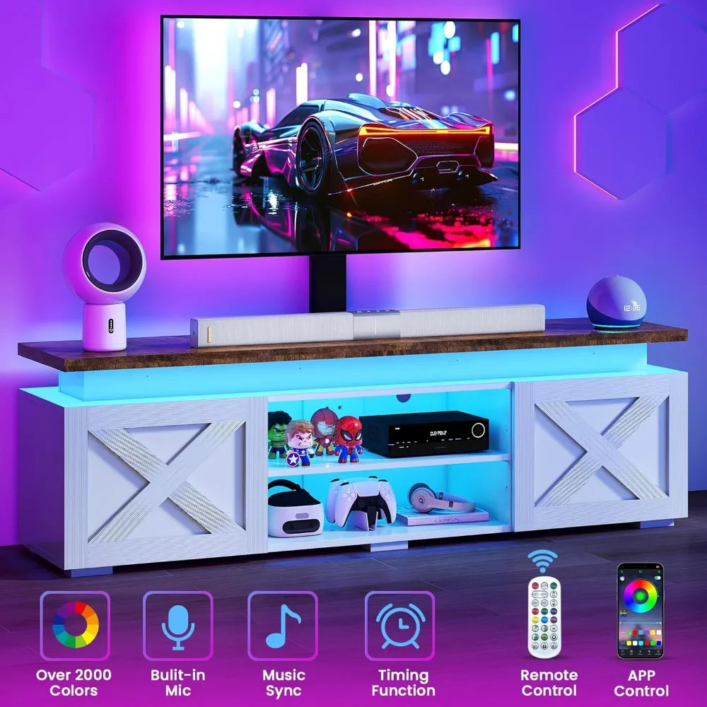 Farmhouse TV-Stand with Mount - 75 inch TV Stand with Led Light and Power Outlet, Entertainment Center Mount with 3 Height Adjus