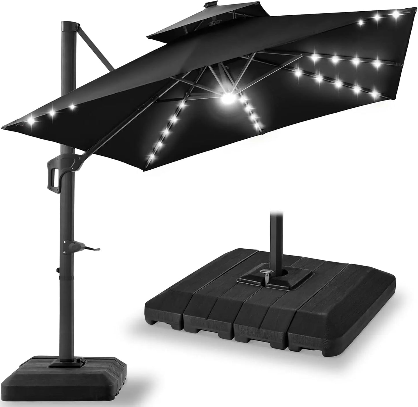 10x10ft Cantilever Patio Umbrella, w/Base Included, Solar LED Lights 360 Rotation Large Offset Hanging Outdoor Shade w/Stand