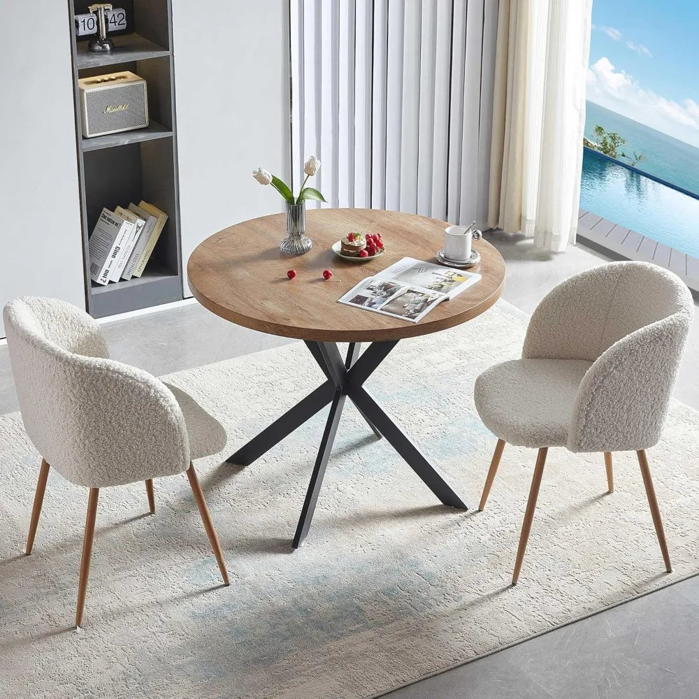 5 Pieces Dining Table Set for 4, 37-Inch Dia Round Home Kitchen Dinner Table with Thick Tabletop, 4 Seated Upholstered Arm Chair
