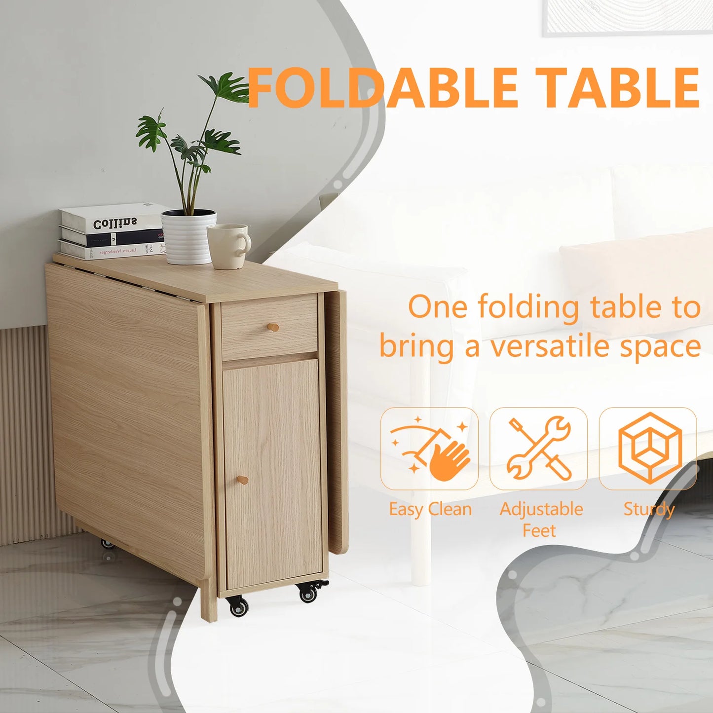 Folding Dining Table with 2 Drawers and 4 Wheels for Living Room,Kitchen, Farmhouse, Space Saving Table