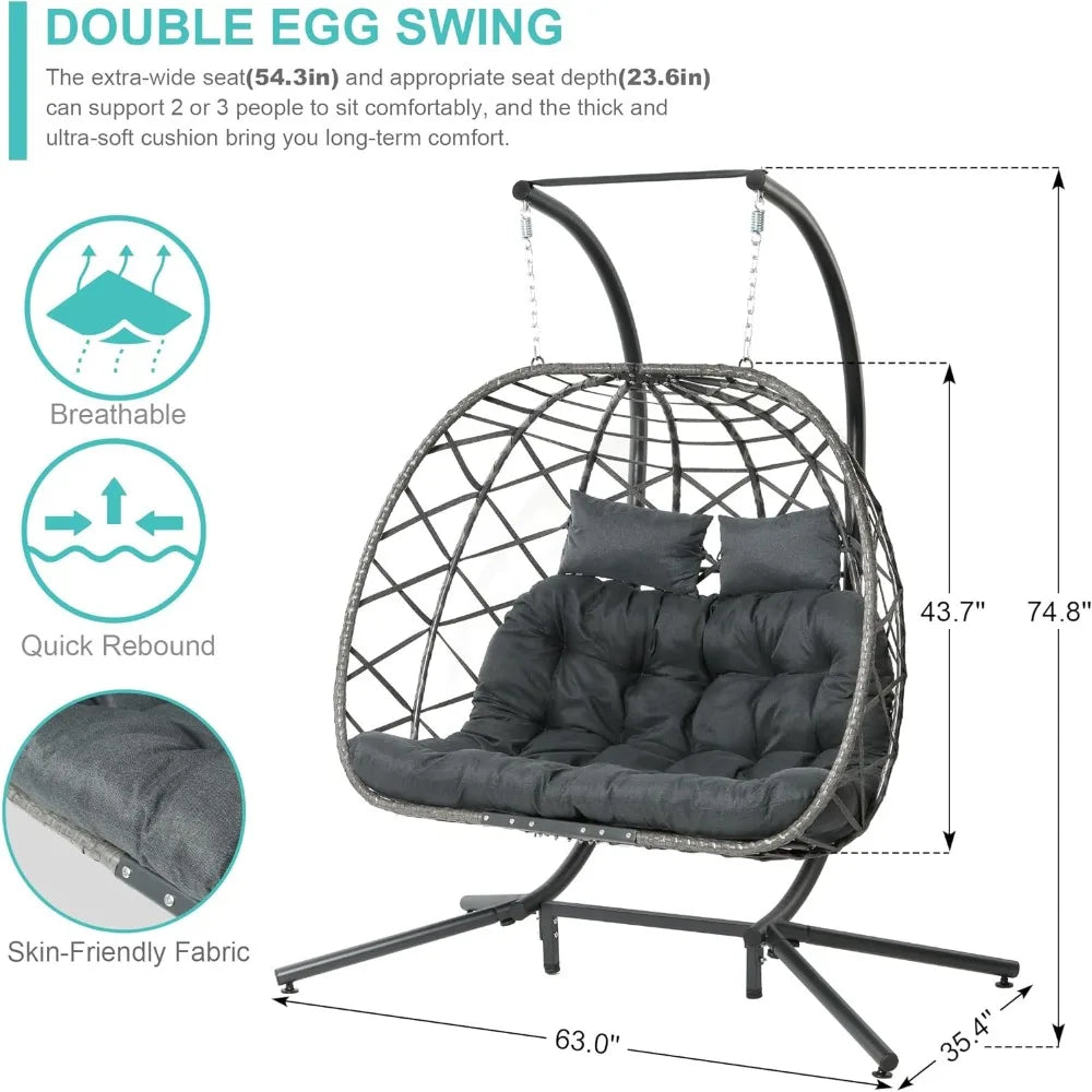 Double Egg Swing Chair with Stand, 2 Person Outdoor Indoor Hammock Hanging Chair with Cushion for Patio Living Room