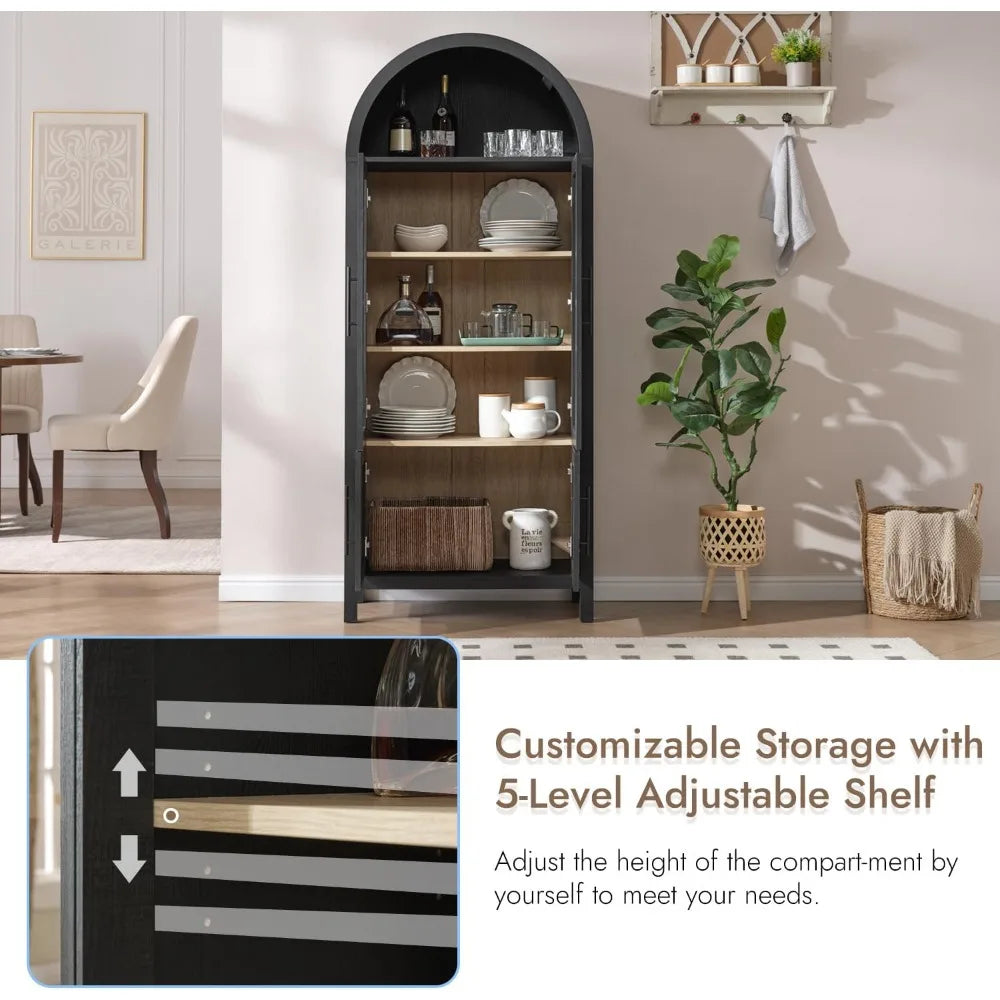 71" Arched Bookcase (5-Tier) - Farmhouse Style w/ Glass Doors, for Living Room/Office/Kitchen