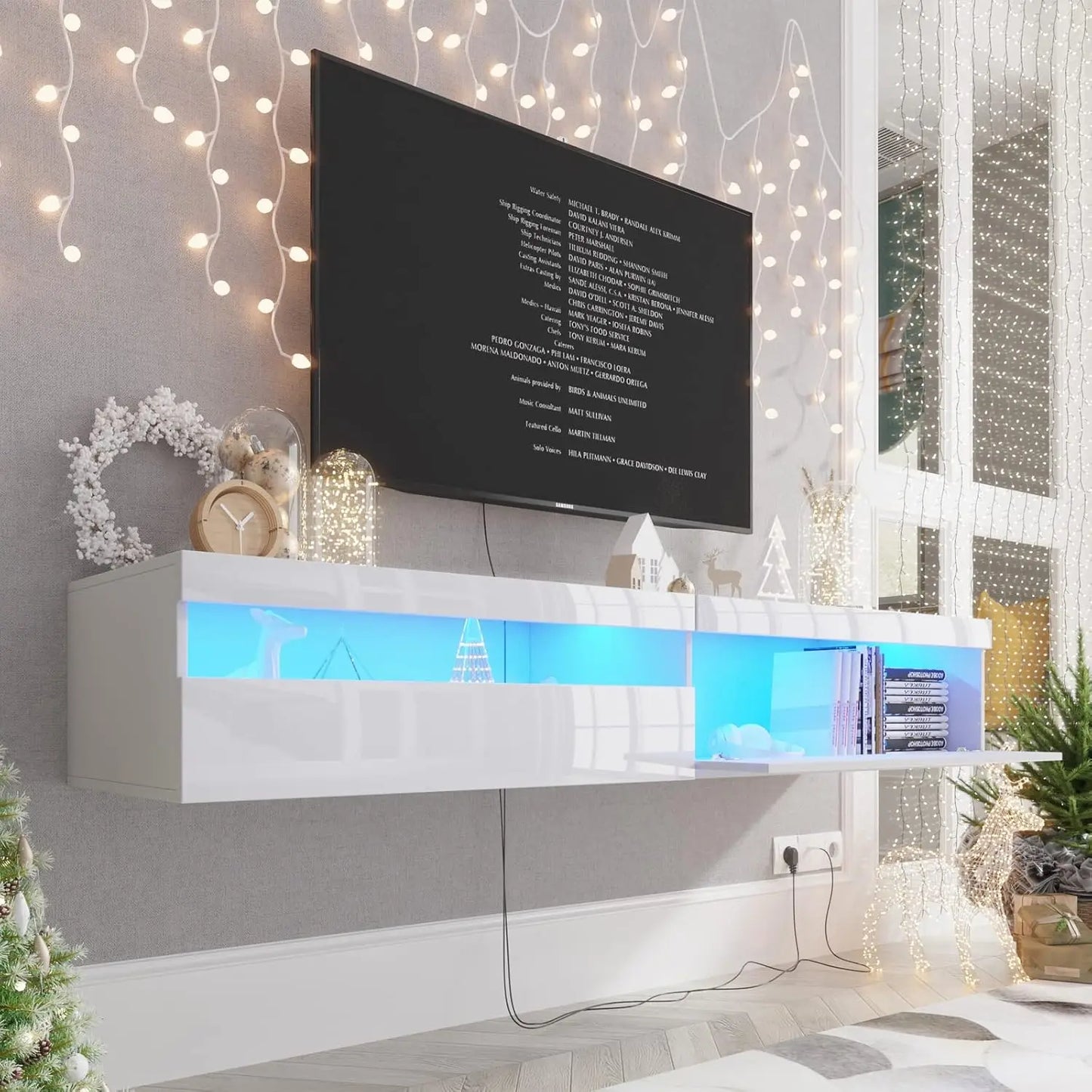 Floating Tv Stand With Led Lights, 71 Inch Wall Mounted Tv Shelf With Power Outlet, Modern Entertainment Center Media Console Wi