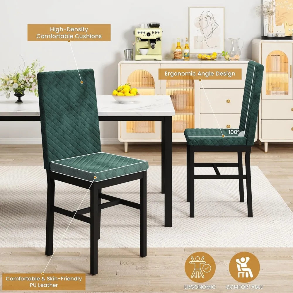 Dining Table and Chairs Set of 4, Faux Marble Dinner Table with 4 Upholstered Velvet Chairs, Kitchen Dining Room (White & Green