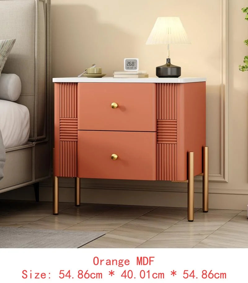 Modern Nightstand with 2 Storage Drawers, Fluted Side Table with Gold Handles and Legs, End Table for Living Room and Bedroom,