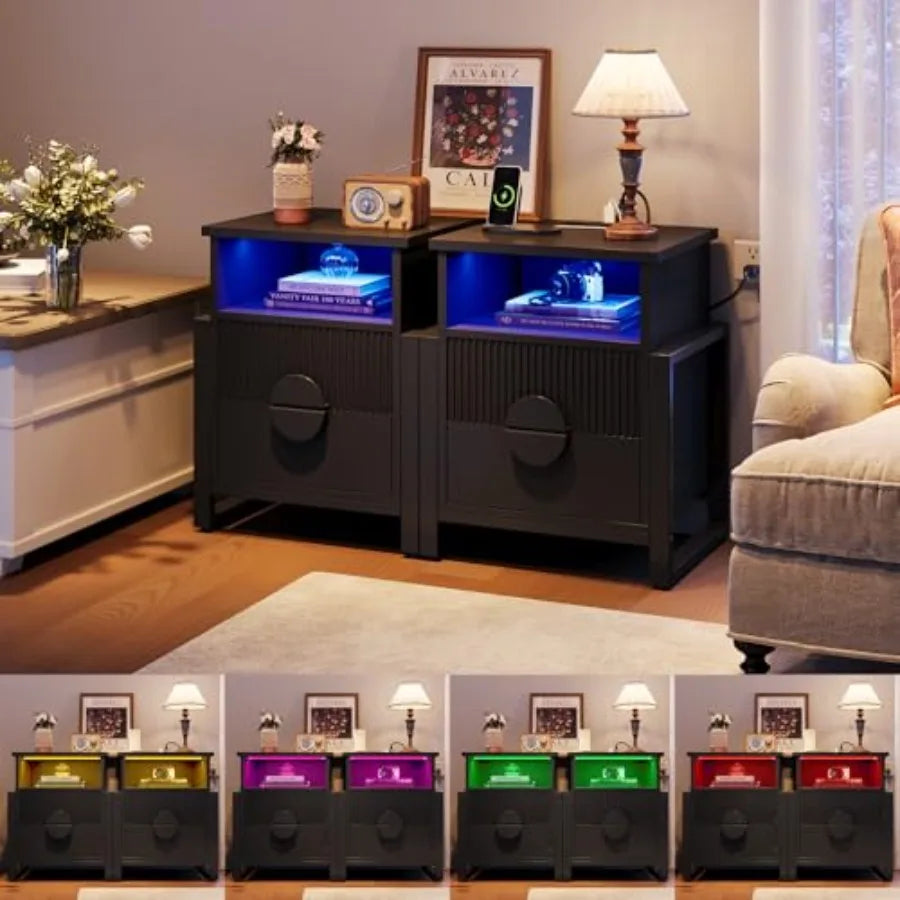 Fluted Nightstand with Charger Station Strip Lights Large 20.47 W Night Stand with 2 Drawers Accent Bed Side Table and End Tabl