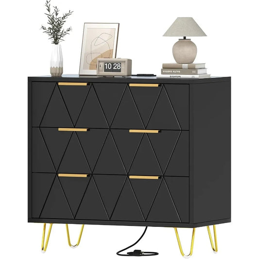 3 Drawer Wide Nightstand with Charging Station 27.6 Inch Wood Nightstand Black Dresser with Storage Drawers Bedside Table with