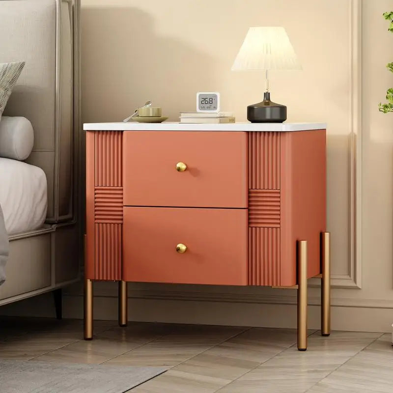 Modern Nightstand with 2 Storage Drawers, Fluted Side Table with Gold Handles and Legs, End Table for Living Room and Bedroom,