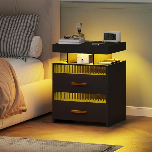 Nightstand With Charging Station And Led Lights, Night Stand With 2 Drawers, Wood Smart Bedside Table, Modern Bed Side Table