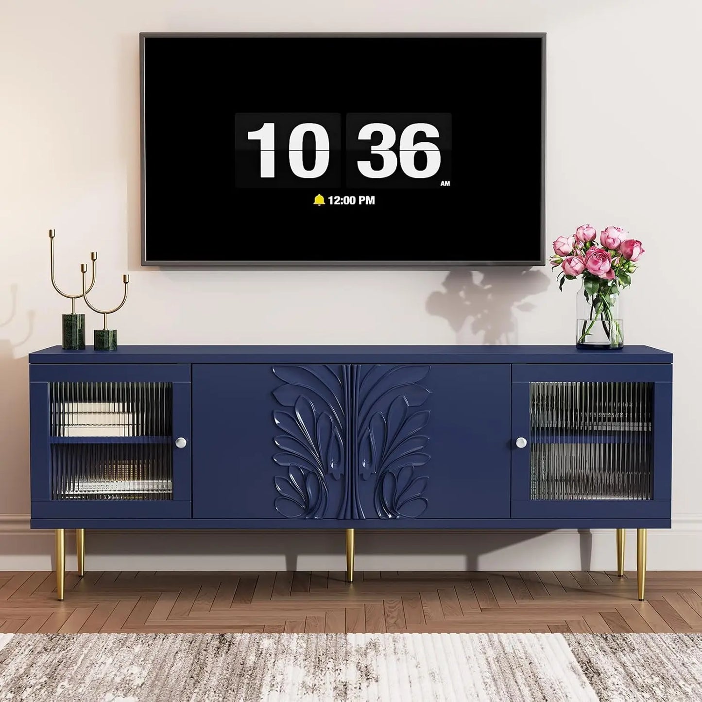 TV Stand for TVs up to 75 Inches, Mid Century Modern Entertainment Center with 3D Flower Pattern, Wood Media Console