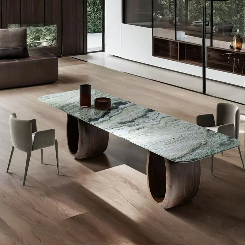 Luxury Natural Marble Dining Table, Rectangle Italian Modern Design with Walnut Wood, Customizable Designer Table for Villa