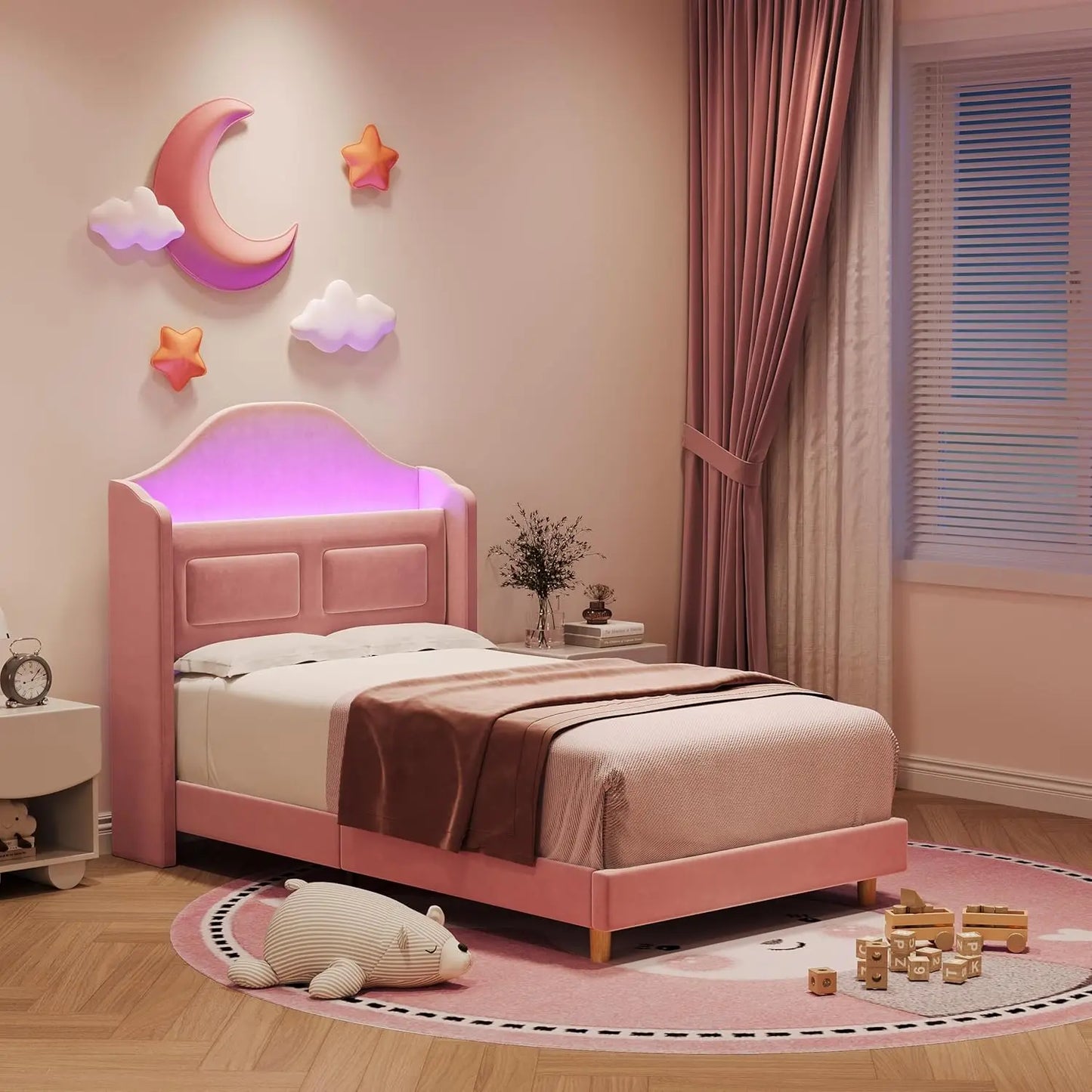 Upholstered Twin Bed Frame with LED Lights, Velvet Platform Bed Frame with Wing Back Storage Headboard, Wood Slats Support, No B