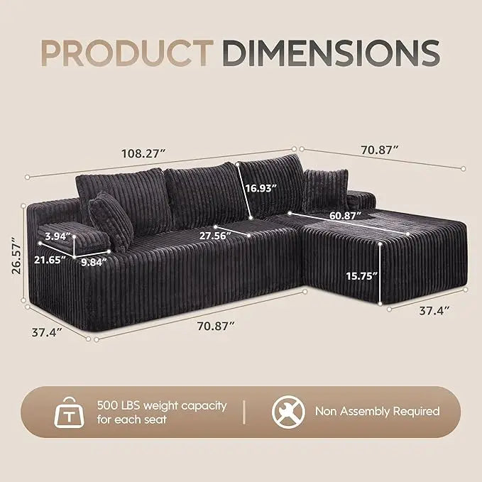 Modular Sectional Sofa Couches 108" L-Shape Couch 3 Seat Modular Sofa Memory Foam Sectional Couches for Living Room