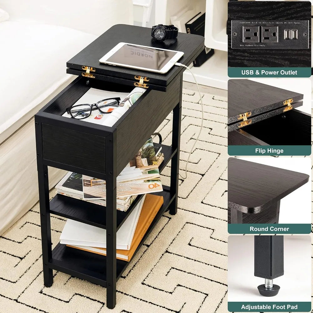 End Table w/Charging Station, Flip Top Side Table with USB Ports and Outlets, Narrow Nightstand with Storage Shelves,nightstands