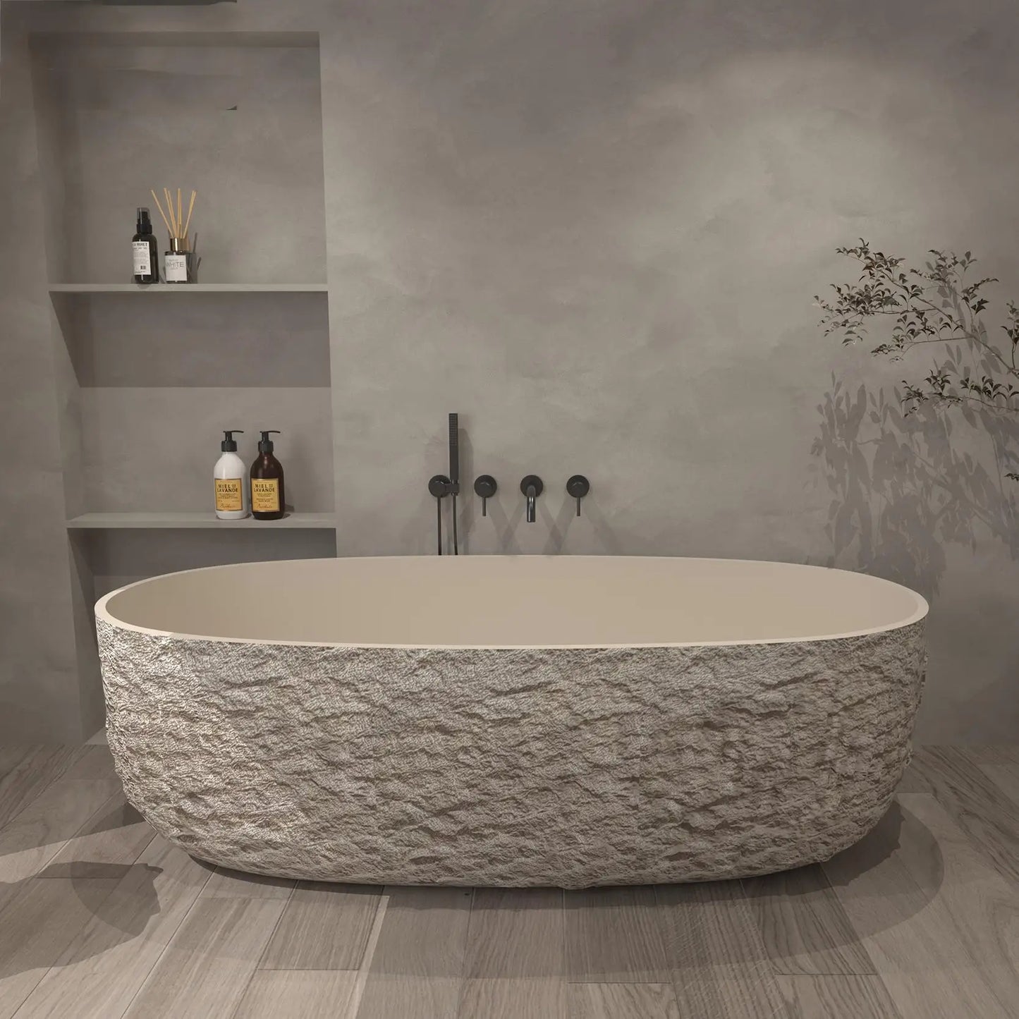 "Luxury Wabi Sabi Stone Texture Bathtub -Handmade One-Piece Artificial Rock Freestanding Tub, Artistic Bath for Home & B&B"