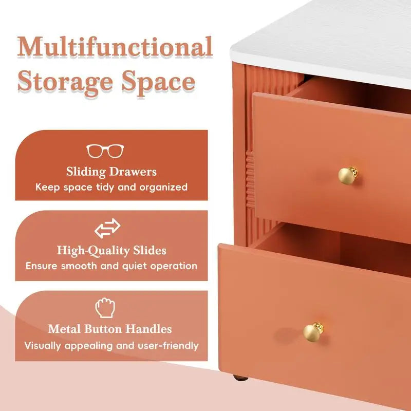 Modern Nightstand with 2 Storage Drawers, Fluted Side Table with Gold Handles and Legs, End Table for Living Room and Bedroom,