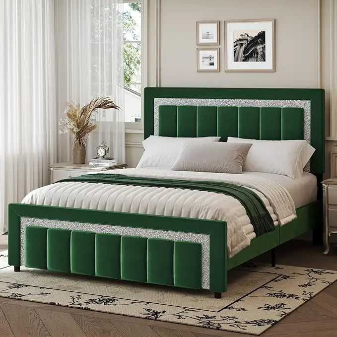 Queen Bed Frame with Headboard and Footboard and Footboard, Velvet Upholstered Platform Bed Frame with Diamond Design, No Box Sp