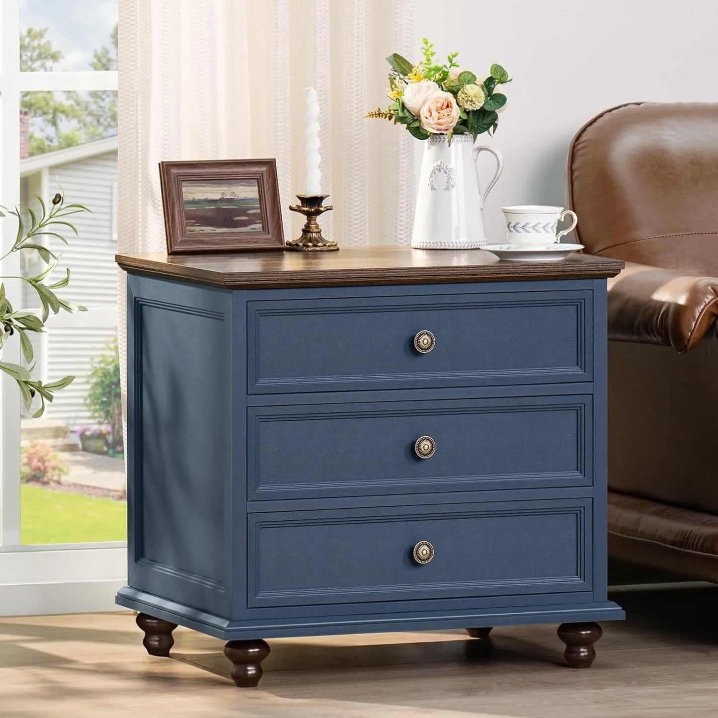 24" Wide Farmhouse Night Stand,Large End Table with 3 Drawers & Metal Handle,Navy Blue Dresser for Bedroom, Wood Bed Side Table