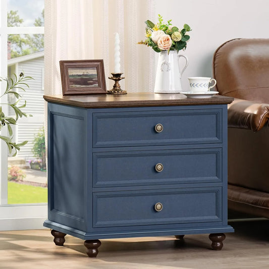 24" Wide Farmhouse Night Stand,Large End Table with 3 Drawers & Metal Handle,Navy Blue Dresser for Bedroom, Wood Bed Side Table