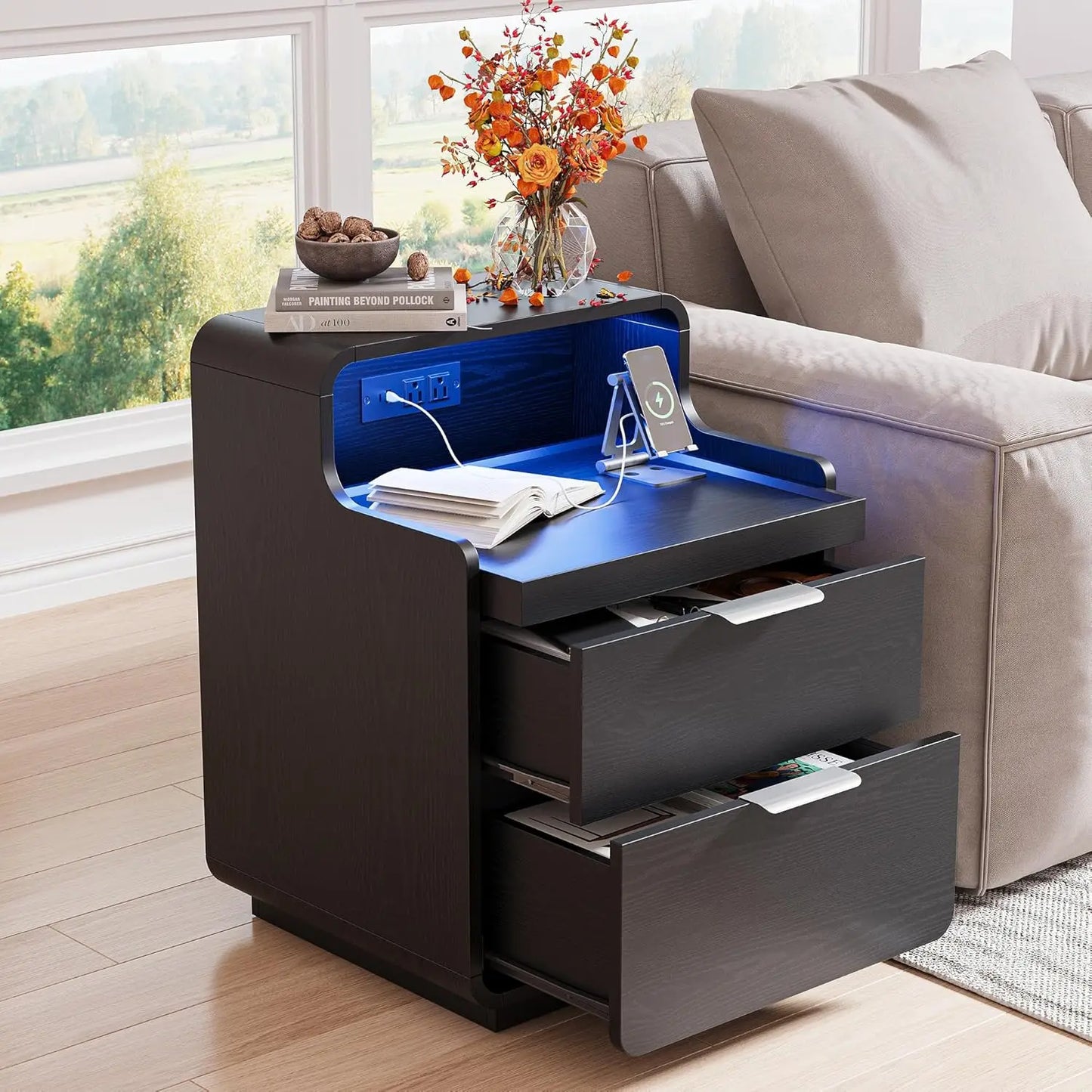 LIKIMIO Nightstand with Charging Station and LED Lights, Night Stand with Pull-Out Shelf, Bedside Table for Bedroom, Black