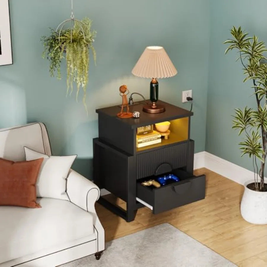Fluted Nightstand with Charger Station Strip Lights Large 20.47 W Night Stand with 2 Drawers Accent Bed Side Table and End Tabl