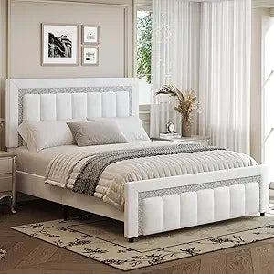 Queen Bed Frame with Headboard and Footboard and Footboard, Velvet Upholstered Platform Bed Frame with Diamond Design, No Box Sp