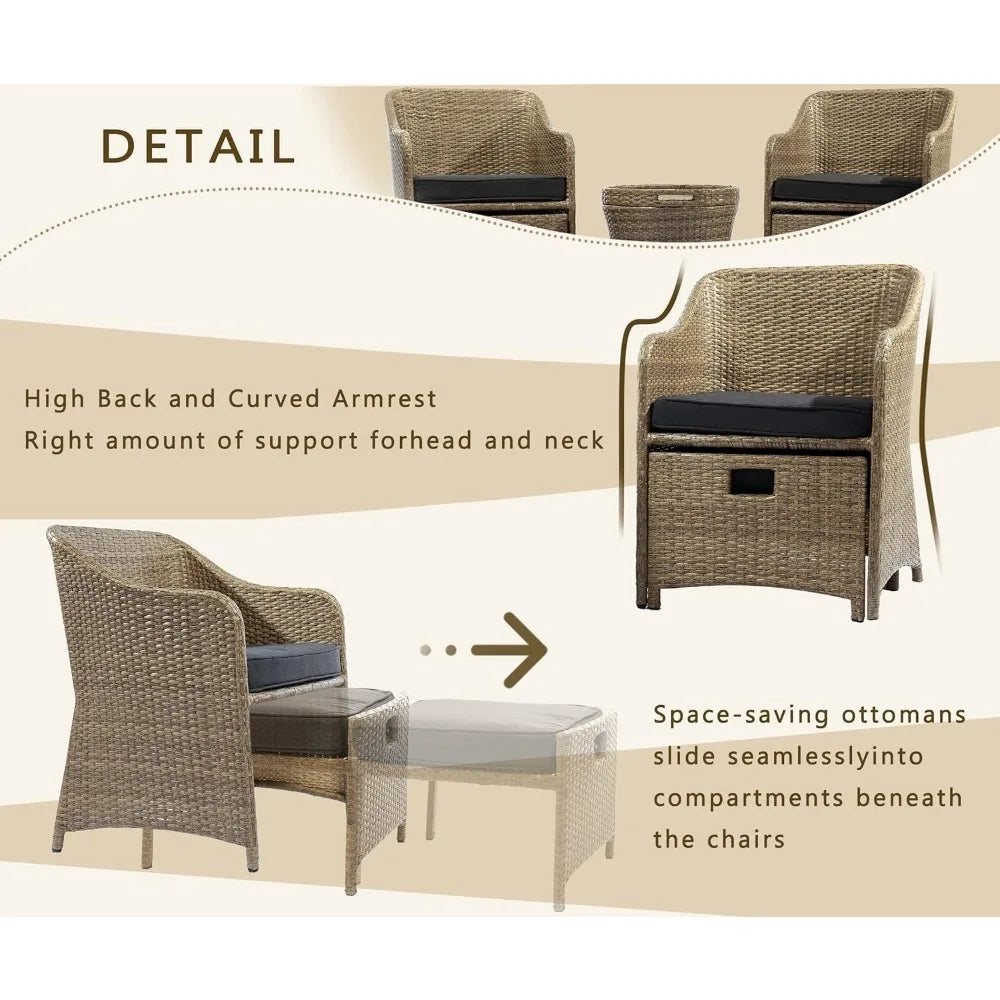 Outdoor Patio Wicker 5-Piece Furniture Set, No Assembly Required All-Weather Rattan Conversation Bistro & Storage Table for Gard