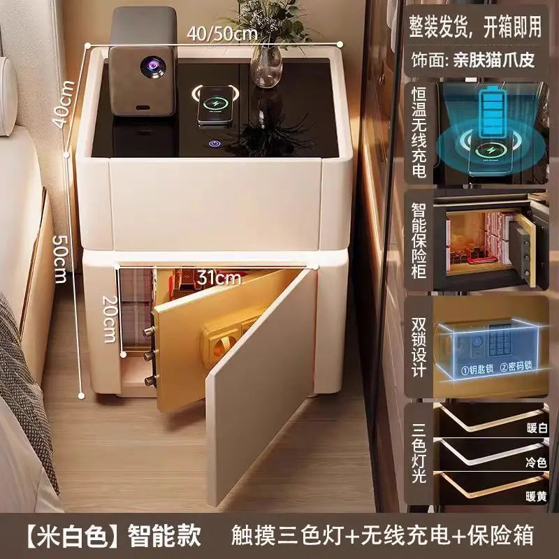 Smart Nightstand with LED Light Wireless Charging Safe or 2 Drawers – Modern Bedside Table Tempered Glass Top No Assembly