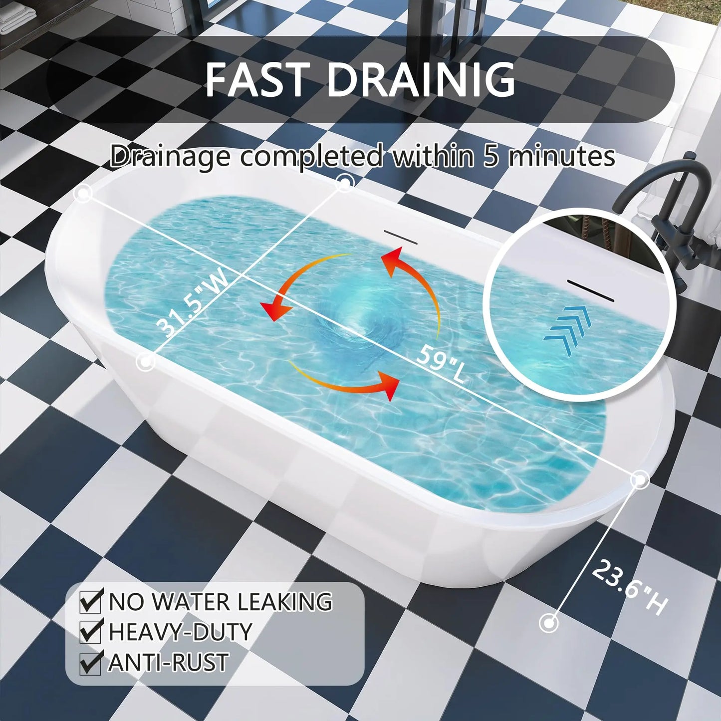 67" Acrylic Freestanding Bathtub, Soaking Tub for Bathroom, Stand Alone Tub, cUPC Certified, Integrated Overflow and Drain