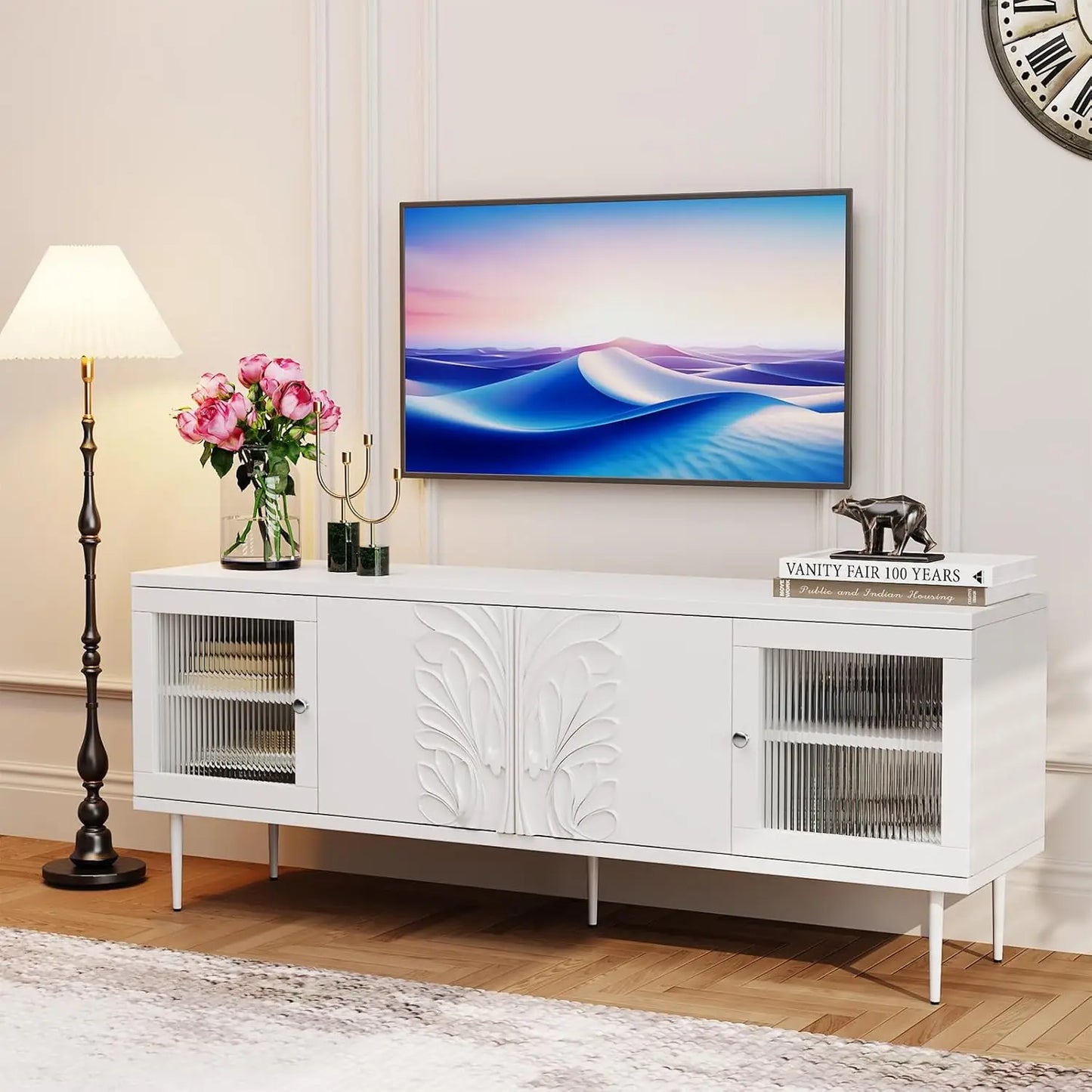 TV Stand for TVs up to 75 Inches, Mid Century Modern Entertainment Center with 3D Flower Pattern, Wood Media Console