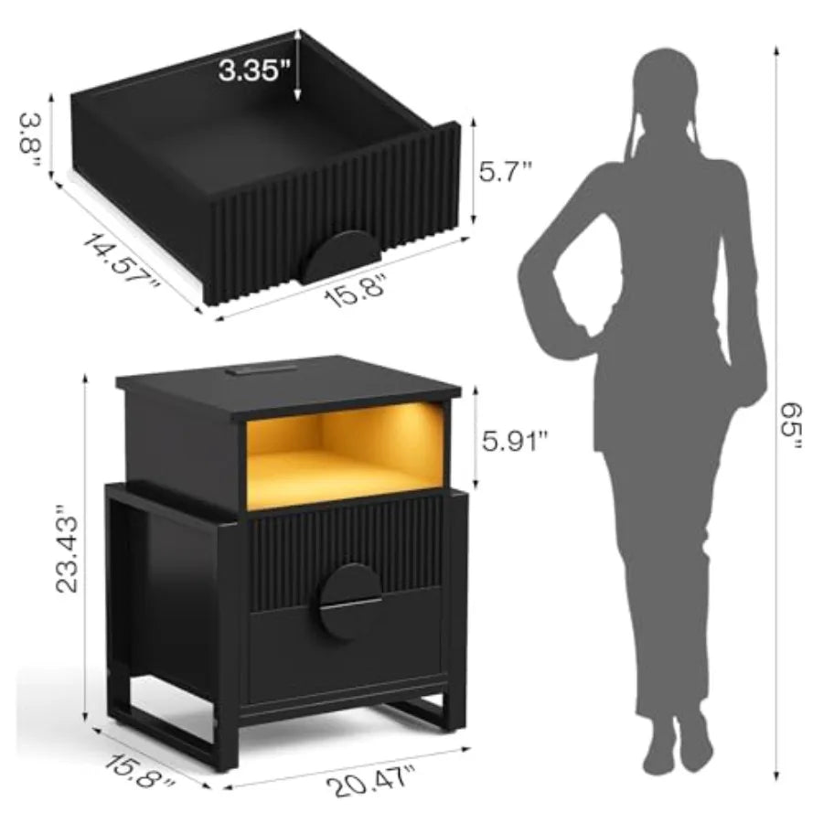 Fluted Nightstand with Charger Station Strip Lights Large 20.47 W Night Stand with 2 Drawers Accent Bed Side Table and End Tabl