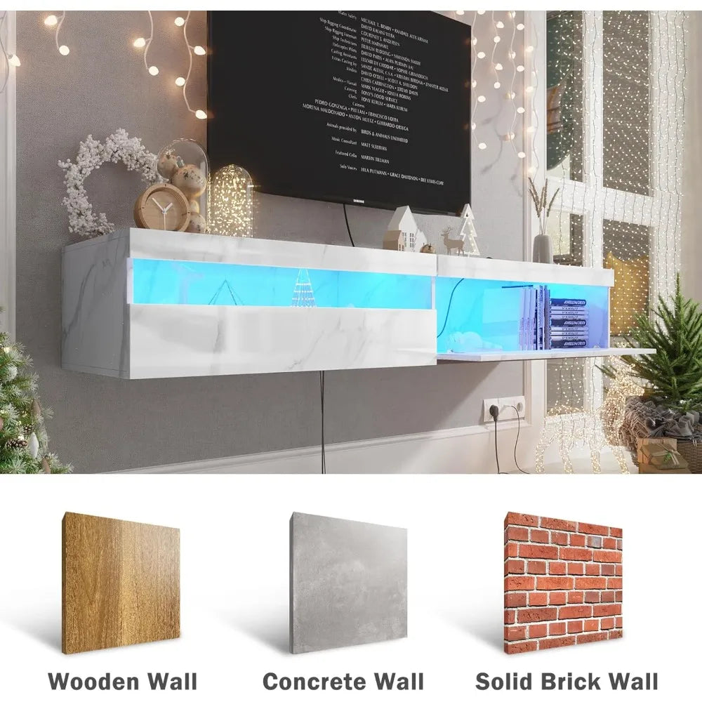 Floating Tv Stand With Led Lights, 71 Inch Wall Mounted Tv Shelf With Power Outlet, Modern Entertainment Center Media Console Wi