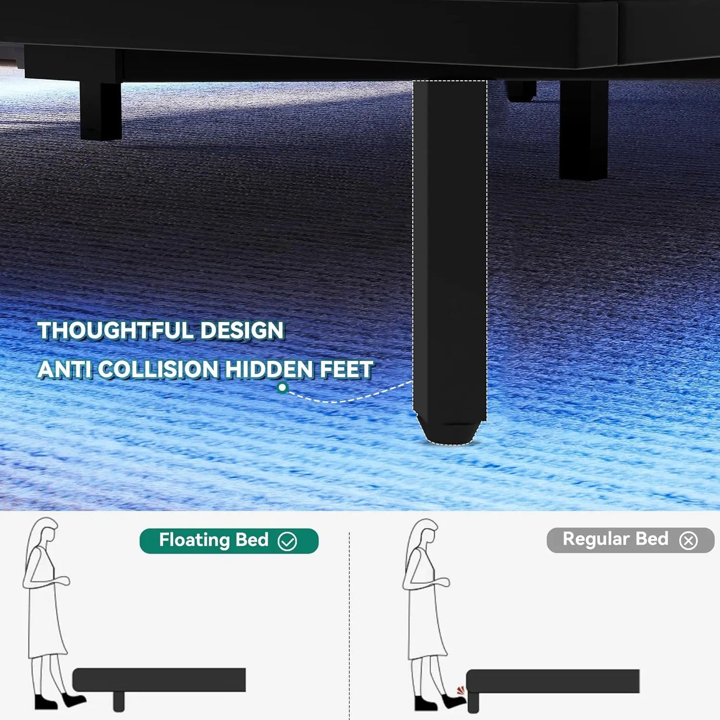 LED King Size Floating Bed Frame with Headboard Storage and Charging Station, Upholstered Platform, No Box Spring Needed