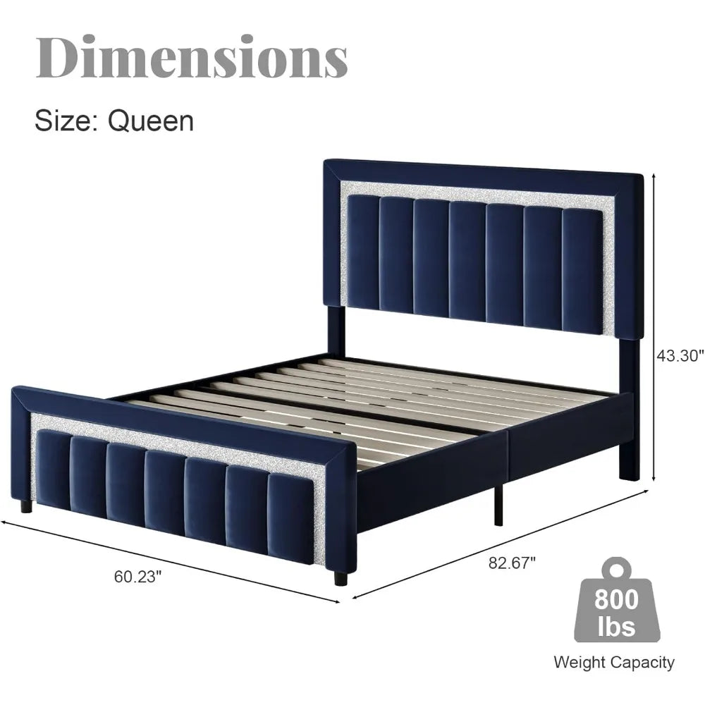 Queen Bed Frame with Headboard and Footboard and Footboard, Velvet Upholstered Platform Bed Frame with Diamond Design, No Box Sp