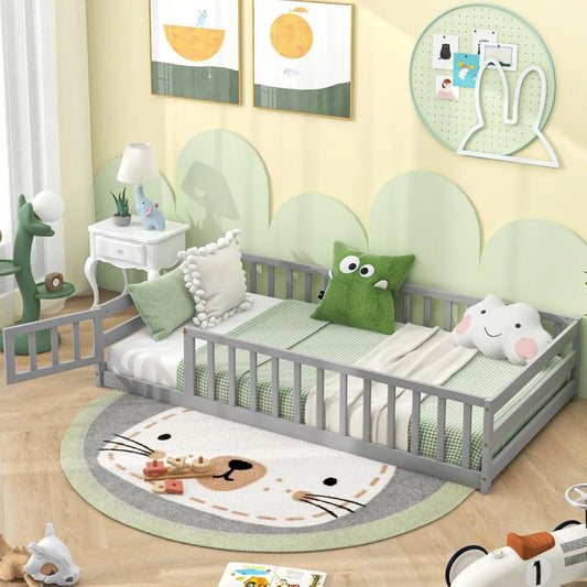 Giantex Twin Floor Bed with Door & Fence, Kids Wood Montessori Bed with Safety Guardrails, Floor Bed Frame for Kids, Boys, Girls