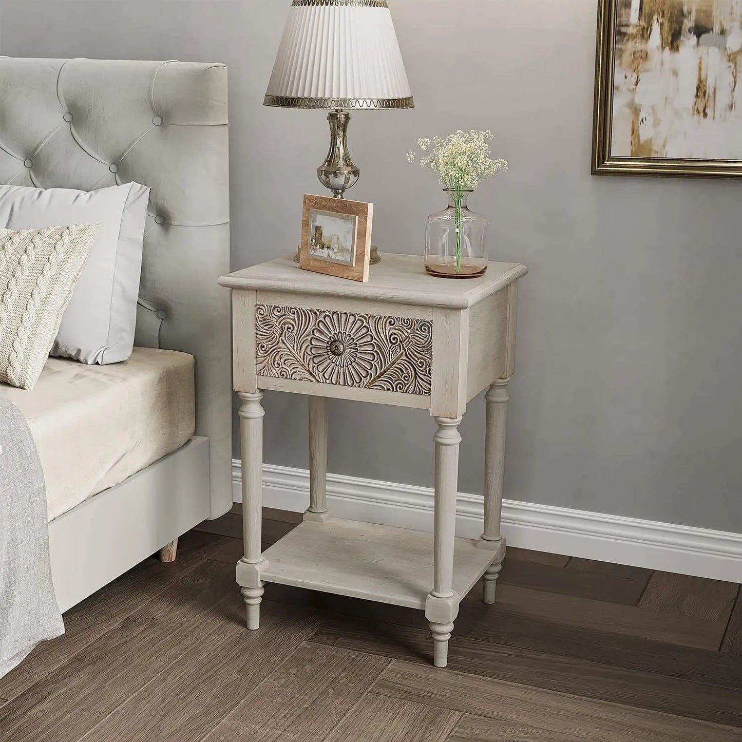 Nightstand, 14" D x 18" W x 21.5" H MDF End Table with 2 Drawers, Vintage Style Wood Bedside Table, Bedroom Accessories for Home