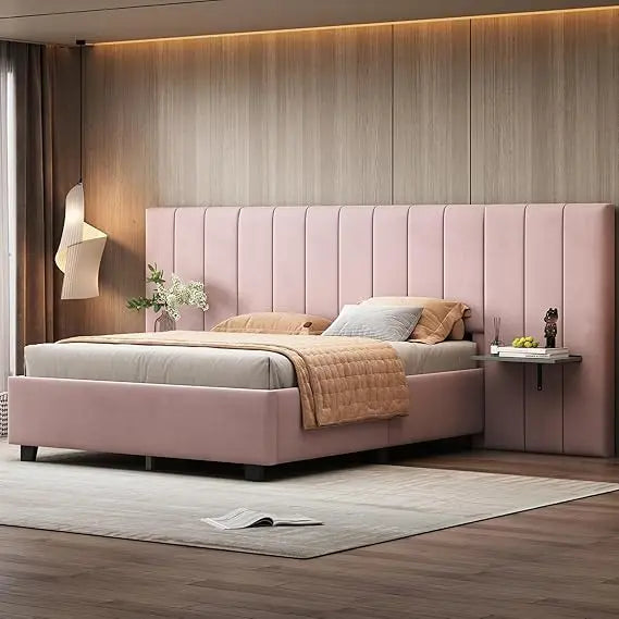 Luxury Bed Frame with Tall Headboard, Tall Upholstered Bed Frame Queen with Integrated Bedside Shelves, Modern Bed Frame & Soft