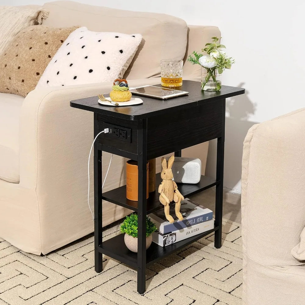 End Table w/Charging Station, Flip Top Side Table with USB Ports and Outlets, Narrow Nightstand with Storage Shelves,nightstands
