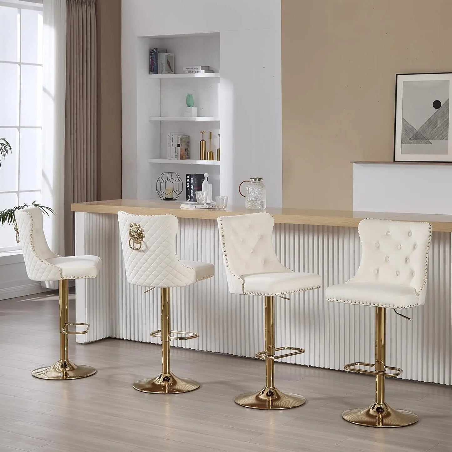 Gold Bar Stools Set of 6,  Velvet Tufted Barstools Upholstered Bar Height Chairs for Kitchen Island, Dining Room, Cafe, Cream