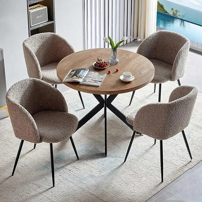 5 Pieces Dining Table Set for 4, 37-Inch Dia Round Home Kitchen Dinner Table with Thick Tabletop, 4 Seated Upholstered Arm Chair