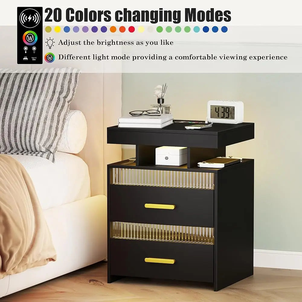 Nightstand With Charging Station And Led Lights, Night Stand With 2 Drawers, Wood Smart Bedside Table, Modern Bed Side Table