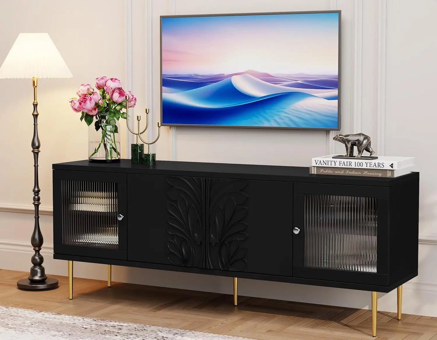 TV Stand for TVs up to 75 Inches, Mid Century Modern Entertainment Center with 3D Flower Pattern, Wood Media Console