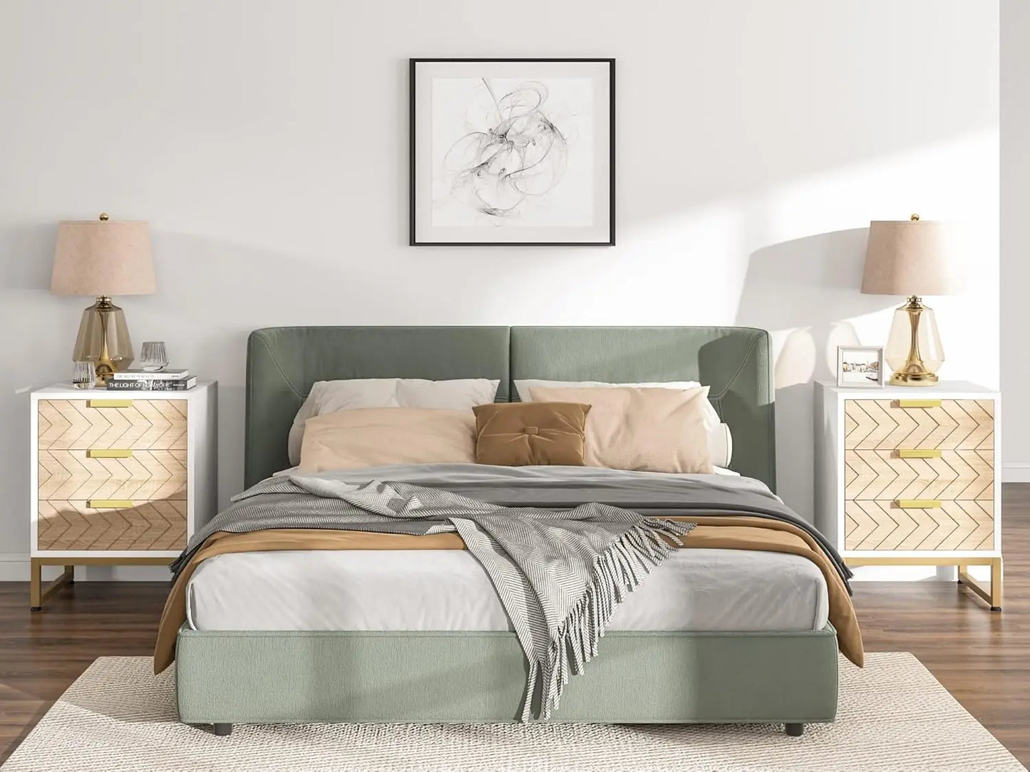 Nightstand Set of 2, Modern 3 Drawers Bedside Table with Unique Zig Zag Design, White Gold Side End Table Set of 2 for Bedroom