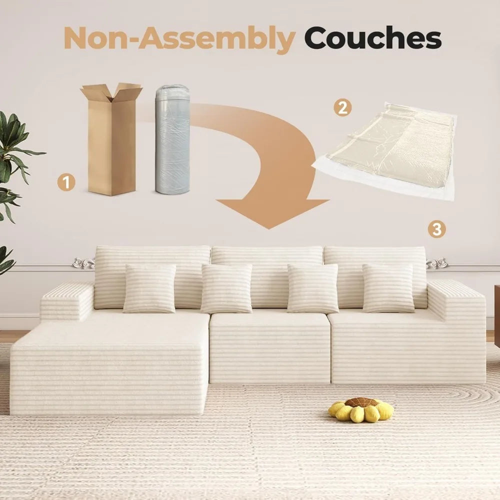 110” cloud sectional couch, boneless sofa for living room, modular sectional sofa with deep seat, comfy fluffy couch with l-shap