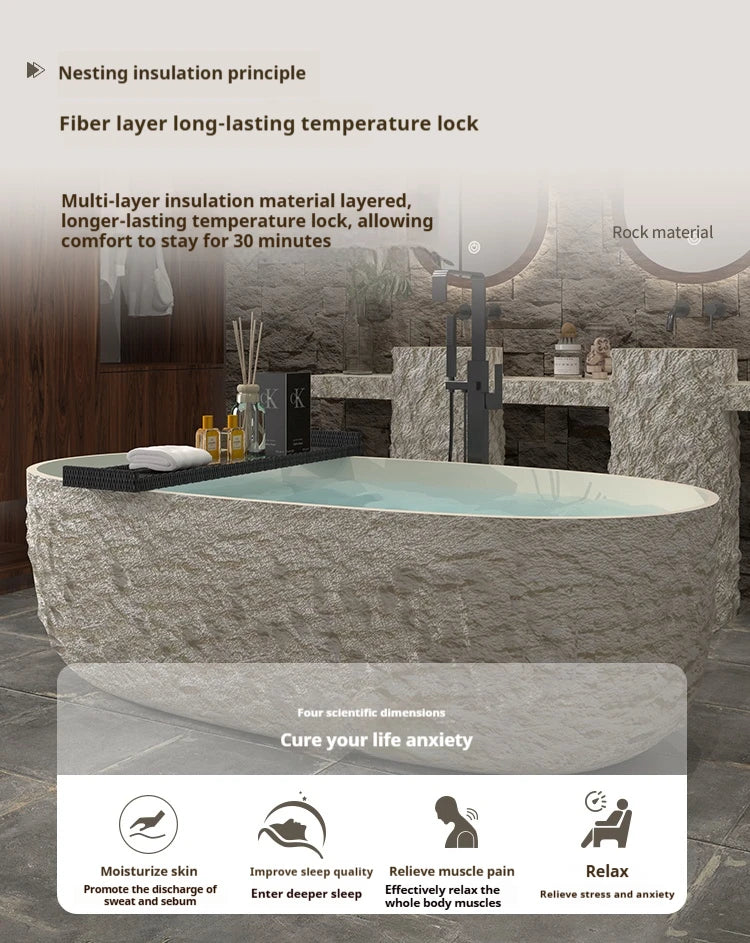 "Luxury Wabi Sabi Stone Texture Bathtub -Handmade One-Piece Artificial Rock Freestanding Tub, Artistic Bath for Home & B&B"