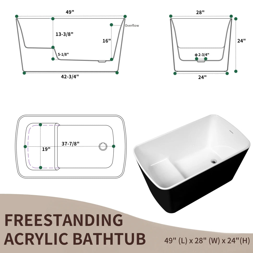 49'' Acrylic Freestanding Soaking Bathtub, Square-shape Japanese Soaking Hot Tub, Sit-In Design with Chrome Overflow
