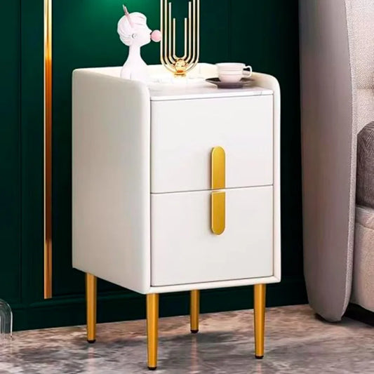 Modern rrow Nightstand Slim Skinny White Nightstand with 2 Drawers for Bedroom Small End Bedside Table Textured Faux Leather Ma