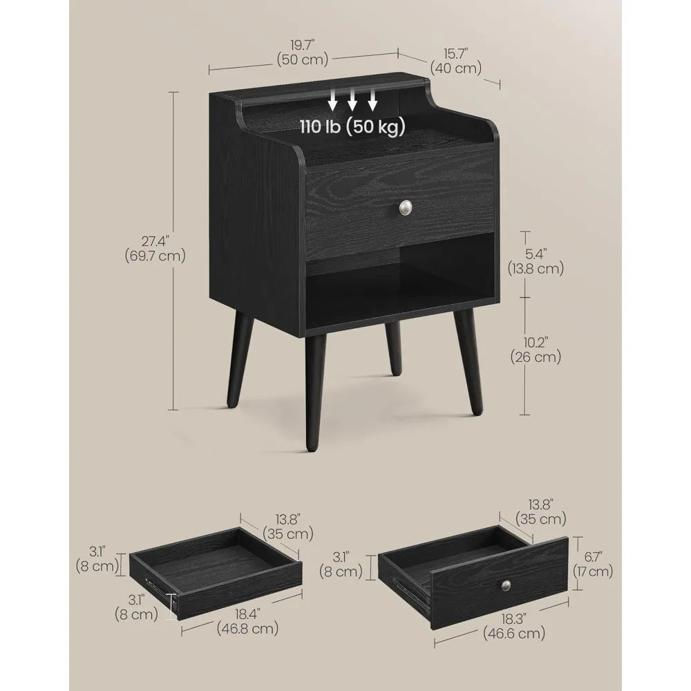 Nightstands, Set of 2, Bedside Tables with Hidden Drawers, Mid-Century End Side Tables with Solid Wood Legs, for Bedroom