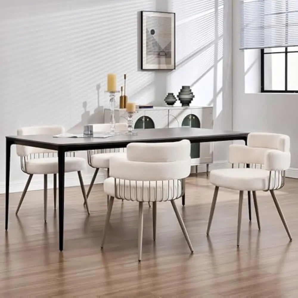 Dining Chairs Set of 4, Mid Century Upholstered Fabric Kitchen Chair w/Metal Legs, Comfy Curved Back Accent Arm Chair