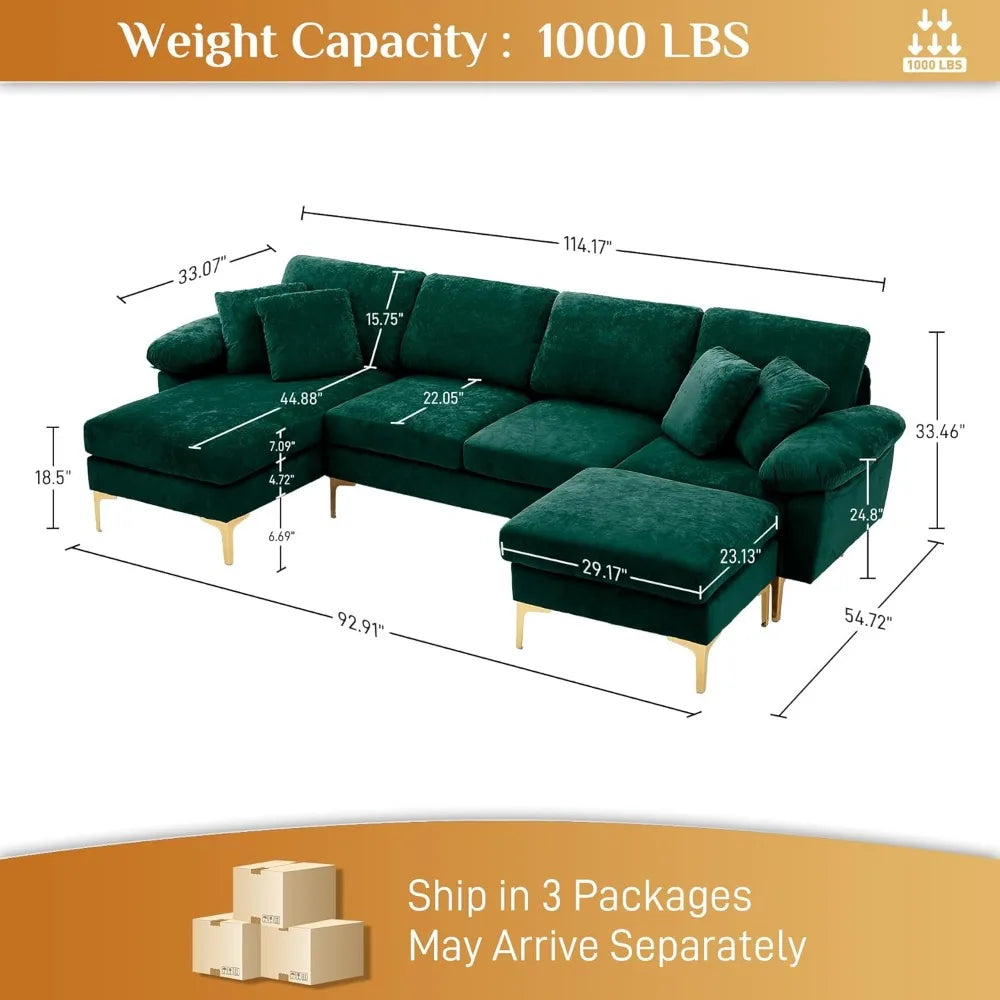 U Shaped Sectional Sofa Couch, 114" Convertible L Shaped Sofa with Chaise Lounge & Ottoman, Modern Oversized Modular